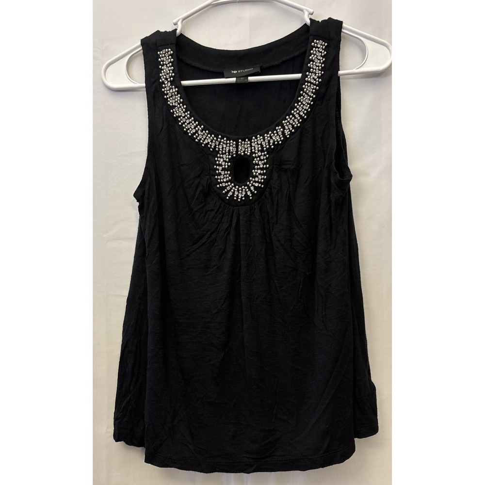 Women's AB Studio Black Tank Sleeveless Top Embellished Gems Collar Key Hole M